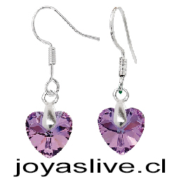 Aros de Plata Chilena 950 Swarovski Corazones Morados Tornasol