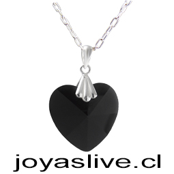 Collar cristal Corazón negro valier y cadena plata chilena