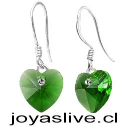 Aros de Plata chilena 950 Cristal fino Corazón Verde
