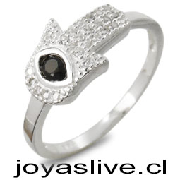 Anillo de Plata chilena 950 Mano de Fátima con Cristal Swarovski Negro ( Medida 14)