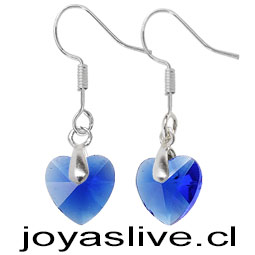 Aros de Plata chilena 950 con Cristal Fino Corazón Azul Claro