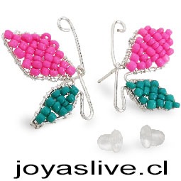 Aros Bisutería, baño de Oro Hipoalergénico. Mariposas con mostacillas rosadas y verdes