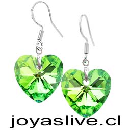 Aros de Plata chilena 950 con Cristal Fino Corazón Verde