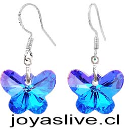 Aros de Plata chilena 950 con Cristal Fino Mariposa Azul