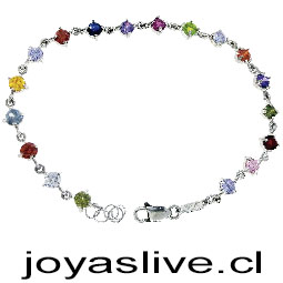 Pulsera Plata Platino con circonitas seguidas de colores y cierre de mosquetón con cadena para ajusta