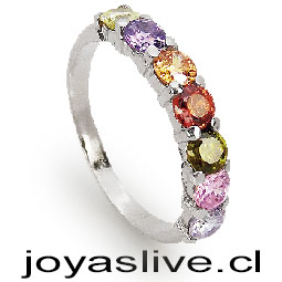 Anillo de aro cerrado Plata Platino con siete circonitas en multicolor. Media 12