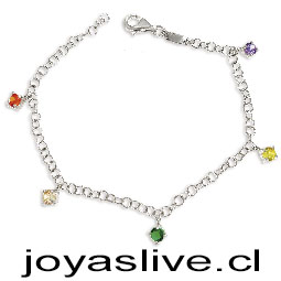 Pulsera de cadena Plata Platino con cinco circonitas en multicolor colgando. Cierre de mosquetón.