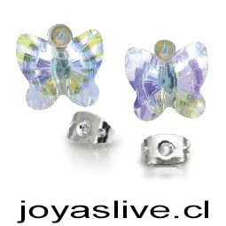 Pendientes mariposas Plata Platino en cristal Swarovski y cristal pequeño redondo.