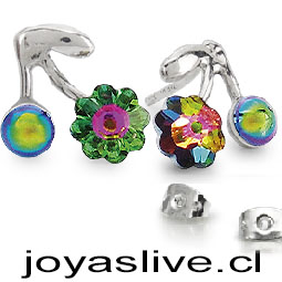 Pendientes Plata Platino cereza con cristales Swarovski combinadas con flor en vitrail y piedra redonda metalizada en volcano