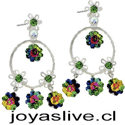 Pendientes largos Plata Platino y flores con cristales Swarovski. Flor en vitrail.