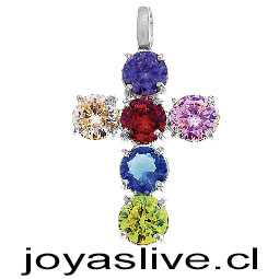 Cruz Plata Platino de circonitas en multicolor: rojo, champan, rosa, púrpura, agua marina y verde.