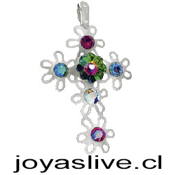 Colgante Plata Platino Cruz con cristales flor de Swarovski en el centro, combina con agua marina, rojo y aurora boreal (blanco con destellos).