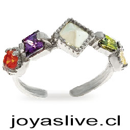 Anillo abierto Plata Platino de diseño con motivo cuadrado piramidal y circonitas en multicolor de varios tamaños. Media 14