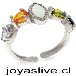Anillo abierto Plata Platino de diseño y cental con motivo de lanzadera piramidal en circonitas multicolor de varios tamaños. Medida 14
