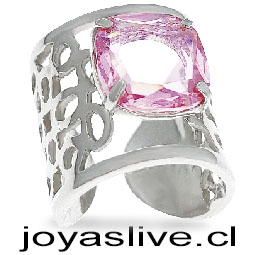 Anillo de diseño Plata Platino con detalles en costados con cristal Hidrotermal natural en rosa. Medida 16