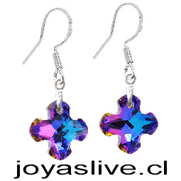 Aros de Plata 925 Cristal fino Cruz Morada Tornasol