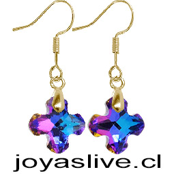 Aros de Oro 18 kl. Cristal fino Cruz Morada Tornasol (2 gramos)